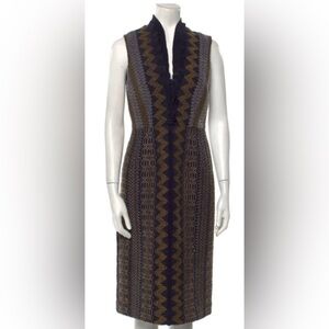 Tory Burch Blue and Brown Smocked Pattern Midi Dress